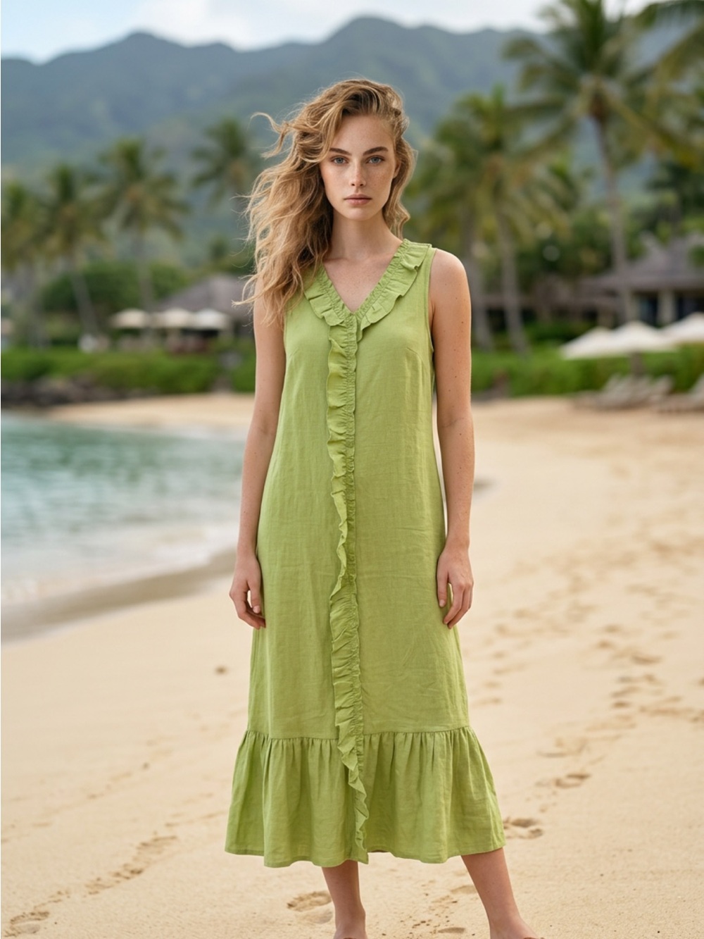 Sleeveless Ruffle V-Neck Cover-Up Dress in Light Green